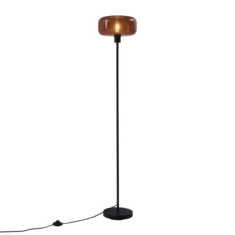 Stylowa lampa podłogowa w stylu retro, czarna z brązowym szkłem - Bizle