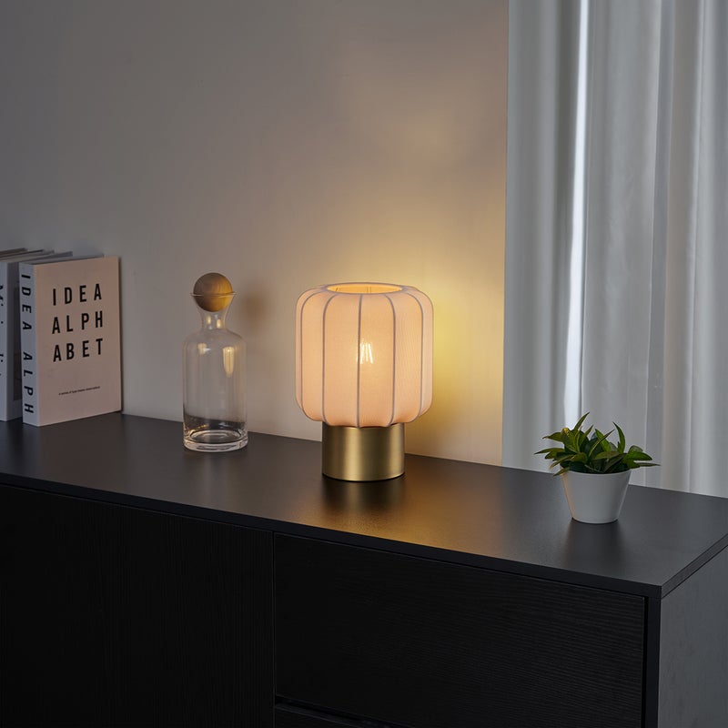 Lampa stołowa Japandi złota z beżowym kloszem - Pluni