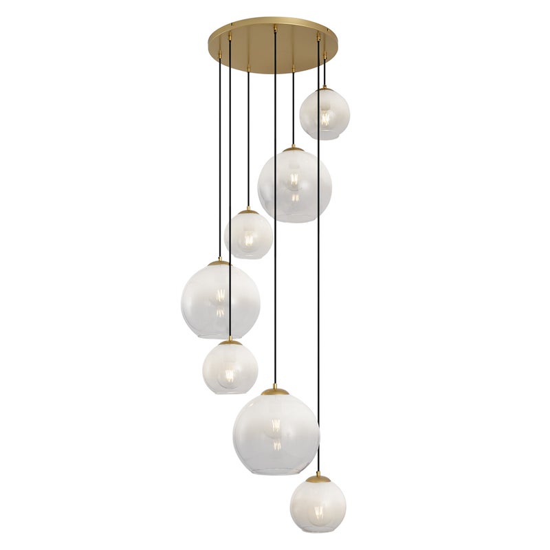 Lampa wisząca w stylu Hotel Chic mosiężna z białym okrągłym szkłem 7-punktowa - Misty