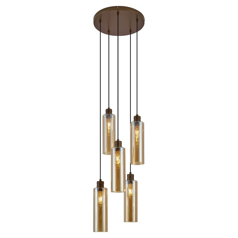 Lampa wisząca w stylu hotelowym, ciemny brąz z bursztynowym szkłem, 5-punktowa - Stavelot