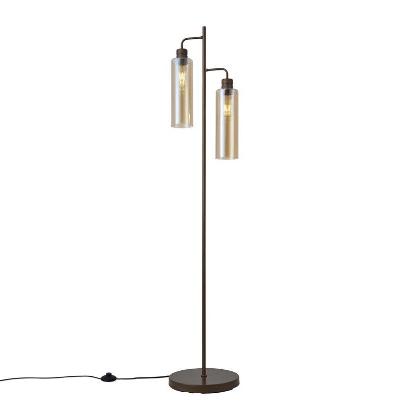 Lampa podłogowa w stylu Hotel Chic ciemny brąz z bursztynowym szkłem 2-źródła światła - Stavelot