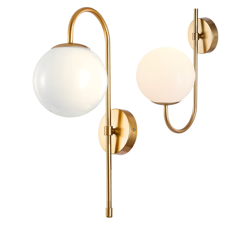 Lampa ścienna kinkiet E27 ozdobna Biały klosz Szklana kula Złota oprawa metalowa Dekoracyjna - LEDHOFF