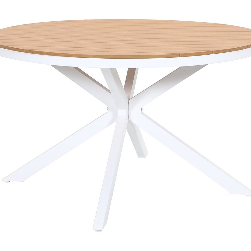 Okrągły aluminiowy stół ogrodowy śr.125 cm - Biały i jasny naturalny - ZEYVA od MYLIA