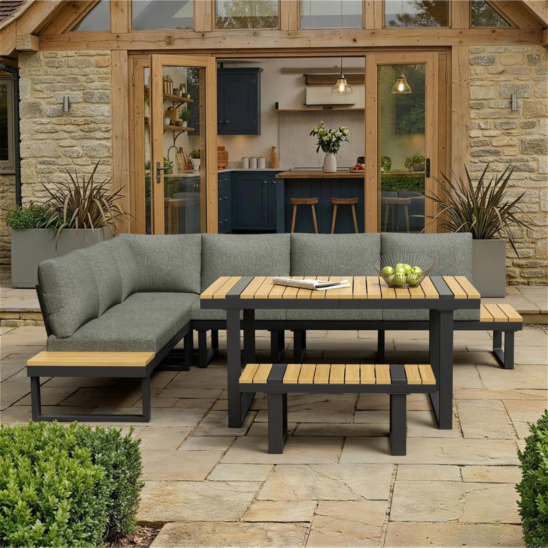 Zestaw mebli ogrodowych - 6-osobowy - ocynkowane żelazo - sofa narożna - ze stołem i ławką - blat z tworzywa sztucznego - szary