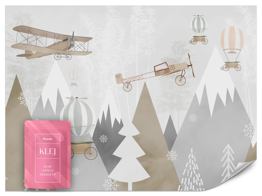 FOTOTAPETA DLA DZIECI GÓRY SAMOLOTY LAS BALONY STYL SKANDYNAWSKI 350x256