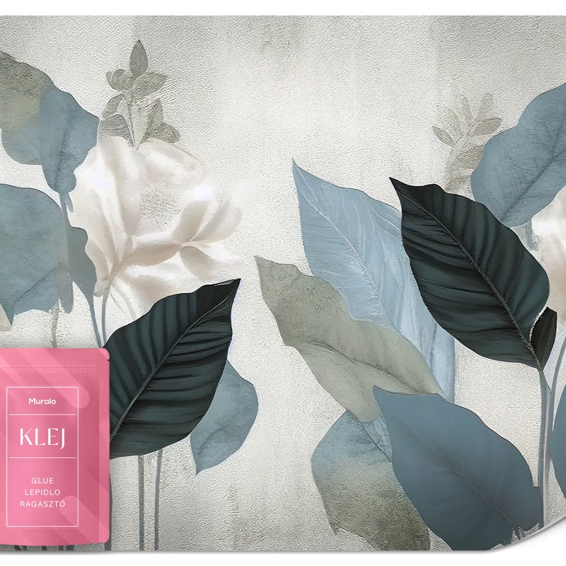 FOTOTAPETA DO SALONU NIEBIESKIE LIŚCIE ABSTRAKCJA MURAL BETON MUR 450x315