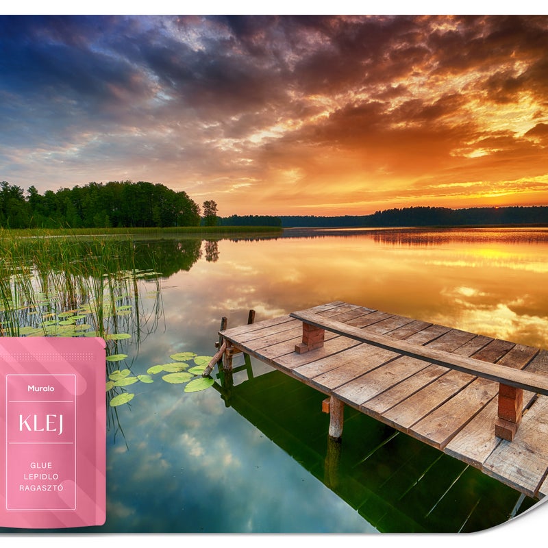 FOTOTAPETA DO SYPIALNI SALONU JEZIORO ZACHÓD SŁOŃCA POMOST LAS 3D 200x140