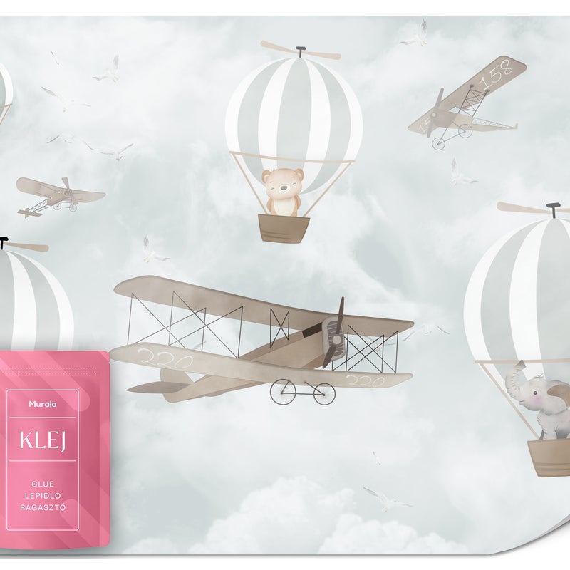 FOTOTAPETA DLA DZIECI BALONY CHMURKI ZWIERZĄTKA SAMOLOT STYL RETRO 150x105