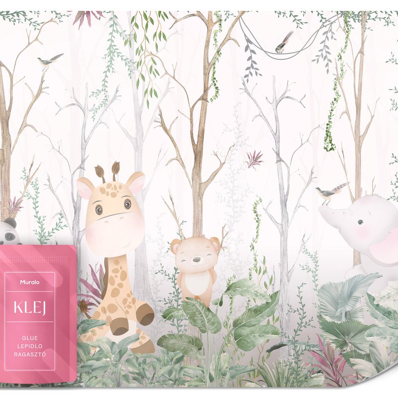 FOTOTAPETA DZIECIĘCA DZIKIE ZWIERZĘTA DŻUNGLA KWIATY MISIE BOHO 200x140