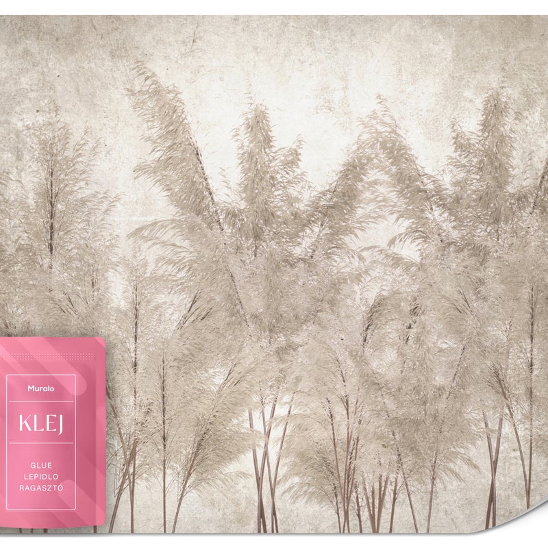 FOTOTAPETA DO SYPIALNI SALONU BETON LIŚCIE TRAWY PAMPASOWE BOHO 100x70