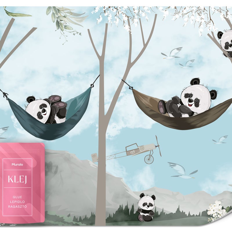 FOTOTAPETA DLA DZIECI PANDY LAS KWIATY GÓRY KRAJOBRAZ STYL BOHO 100x70