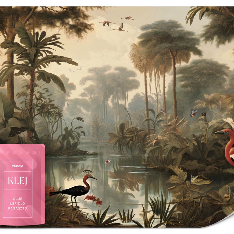 FOTOTAPETA DO SALONU JADALNI TROPIKALNA DŻUNGLA PTAKI STYL VINTAGE 150x105