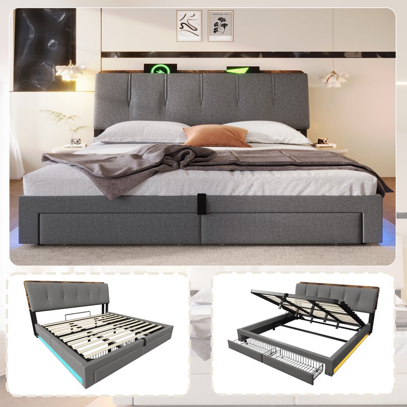 Łóżko z pojemnikiem 180 x 200 cm, 2 szufladami i portami USB/Type-C – tkanina lniana – diody LED – szare (materac nie jest dołączony)