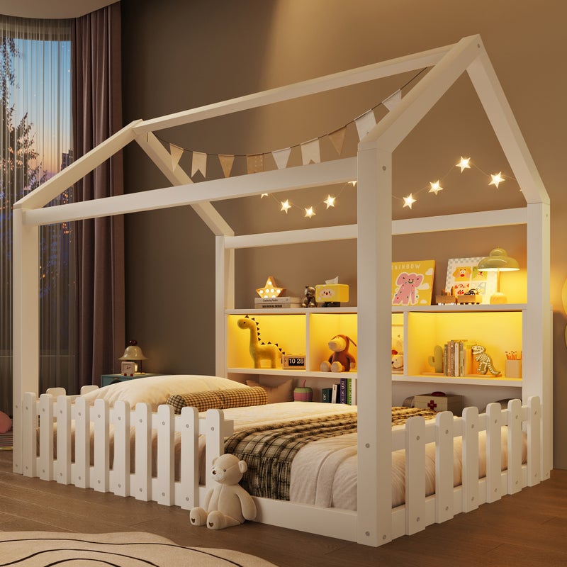 Łóżko kabinowe 90 x 190 cm z otwartymi przegródkami i diodami LED - Sosna + MDF + sklejka - Białe (Materac nie jest wliczony w cenę)
