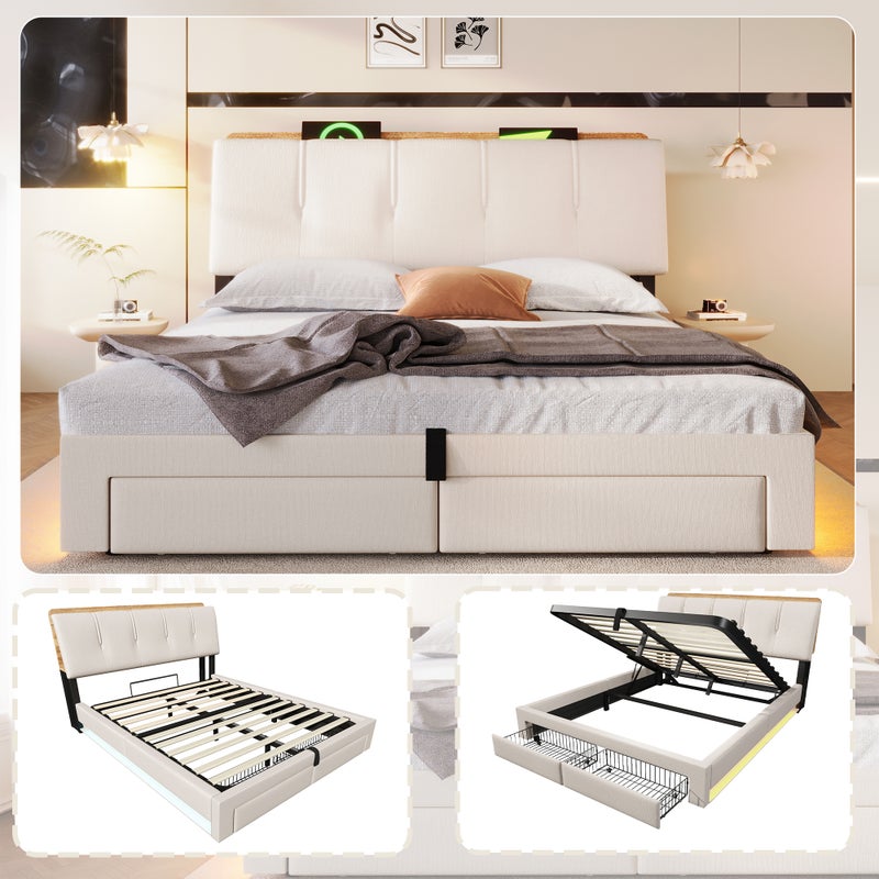 Łóżko z pojemnikiem 140 x 200 cm, 2 szufladami i portami USB/Type-C - Tkanina lniana - Diody LED - Beżowe (Materac nie jest dołączony)