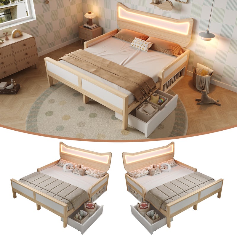 Łóżko 140 x 200 cm z barierkami, 1 szufladą i 1 przegrodą - sosna + PB + MDF - diody LED - kolor biały i dąb (materac nie jest wliczony w cenę)