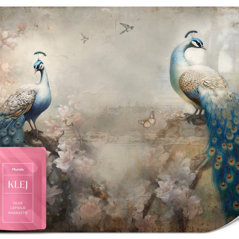 FOTOTAPETA DO SALONU ABSTRAKCJA PAWIE PTAKI KWIATY RÓŻE STYL RETRO 150x105