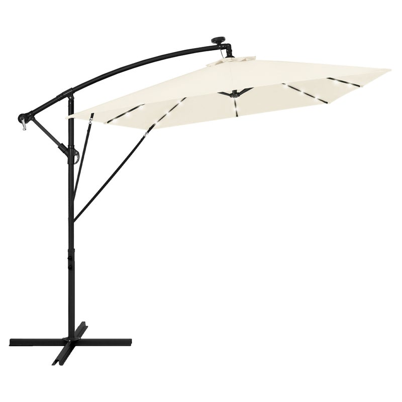 ML-Design parasol ogrodowy ø330cm led solar beżowy aluminiowy z korbką uv50+ wodoodporny obrotowy 360° markiza przeciwsłoneczna taras ogród balkon