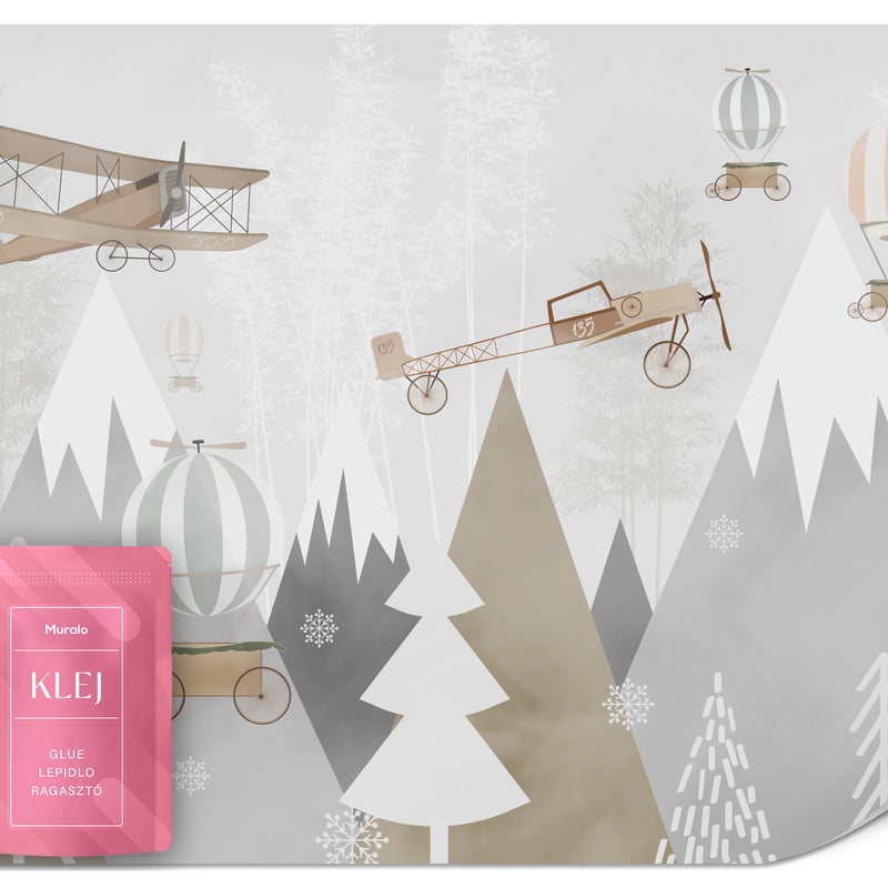 FOTOTAPETA DLA DZIECI GÓRY SAMOLOTY LAS BALONY STYL SKANDYNAWSKI 100x70