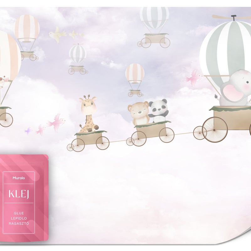 FOTOTAPETA ŚCIENNA DLA DZIECI ZWIERZĘTA BALONY NIEBO CHMURKI PTAKI 200x140