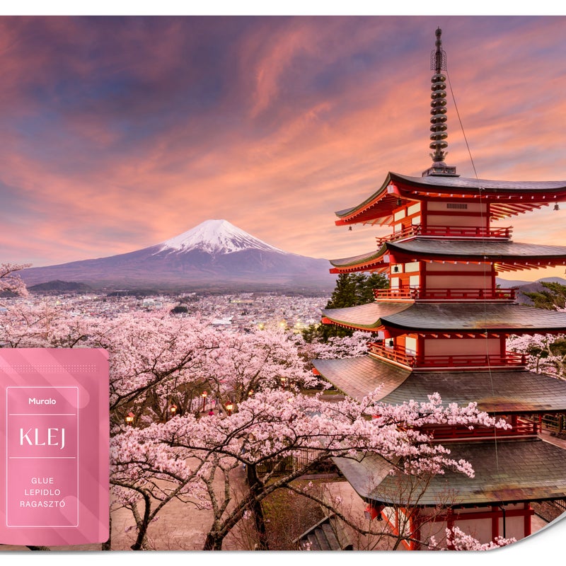 FOTOTAPETA DO SALONU PEJZAŻ PAGODA GÓRA FUJI SAKURA ZACHÓD SŁOŃCA 150x105