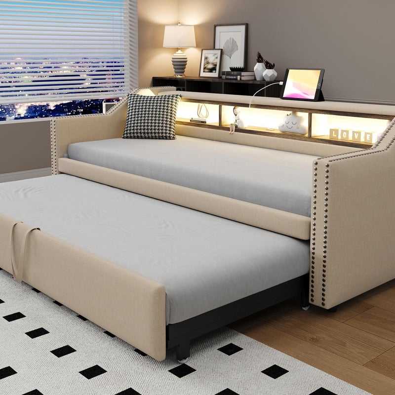 Łóżko wysuwane 90/180x190cm - z LED i USB - z podstawą z listew - Beżowy