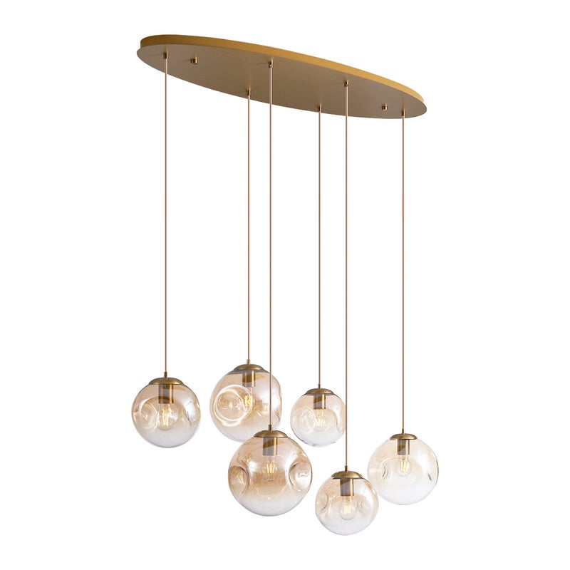 Lampa wisząca w stylu Art Deco mosiężna z owalną płytą sufitową i bursztynowym szkłem 6-punktowa - Douglass