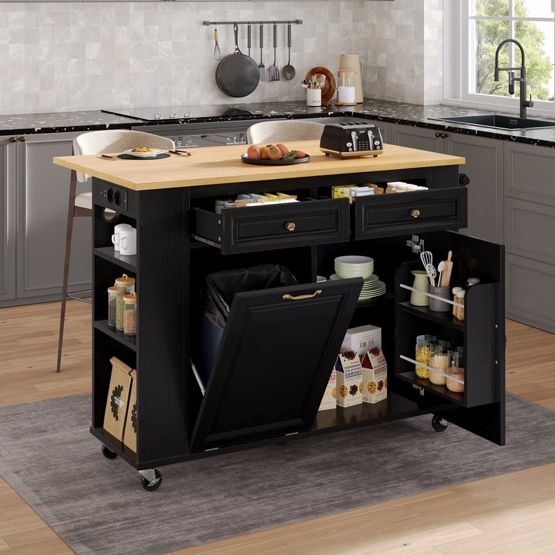 Mobilna wyspa kuchenna 120x40-70x92cm - na kółkach - z USB - 2 szuflady i 2 drzwi - rozkładany blat - z relingiem na ręczniki - czarna