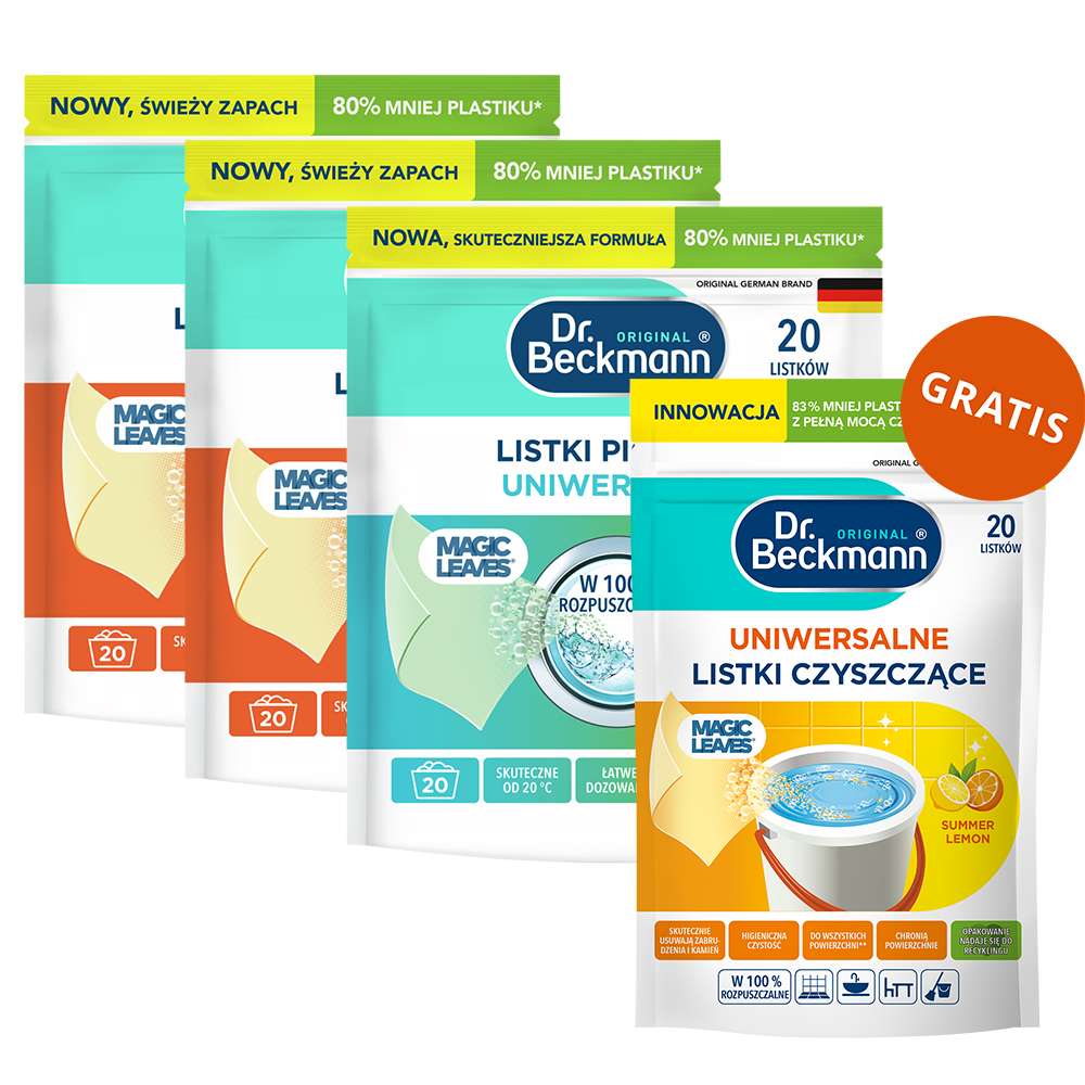Zestaw Dr. Beckmann, listki piorące, Orange&Peach, kolor, 2 x 20 sztuk + listki piorące, uniwersalne, 20 sztuk + listki czyszczące, 20 sztuk gratis