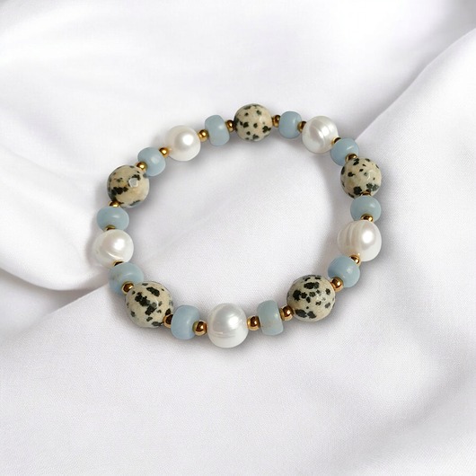 Anielska bransoletka : angelit, perły, jaspis : na gumce