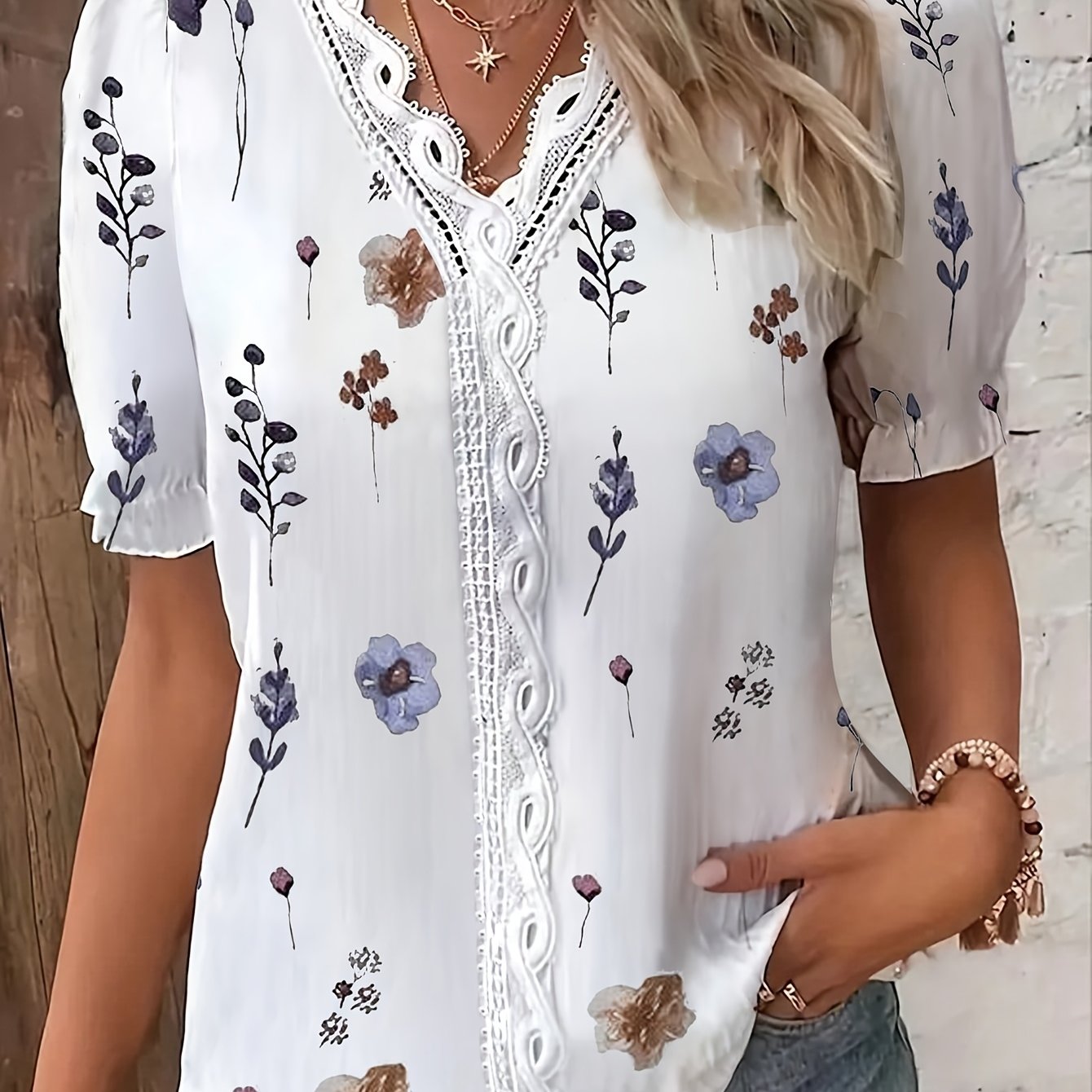 TEMU Damska Bluzka Casual z Kwiatowym Nadrukiem, Kontrastowa Koronka, Bufiaste Rękawy, Dekolt V, Krótki Rękaw, Top LL425