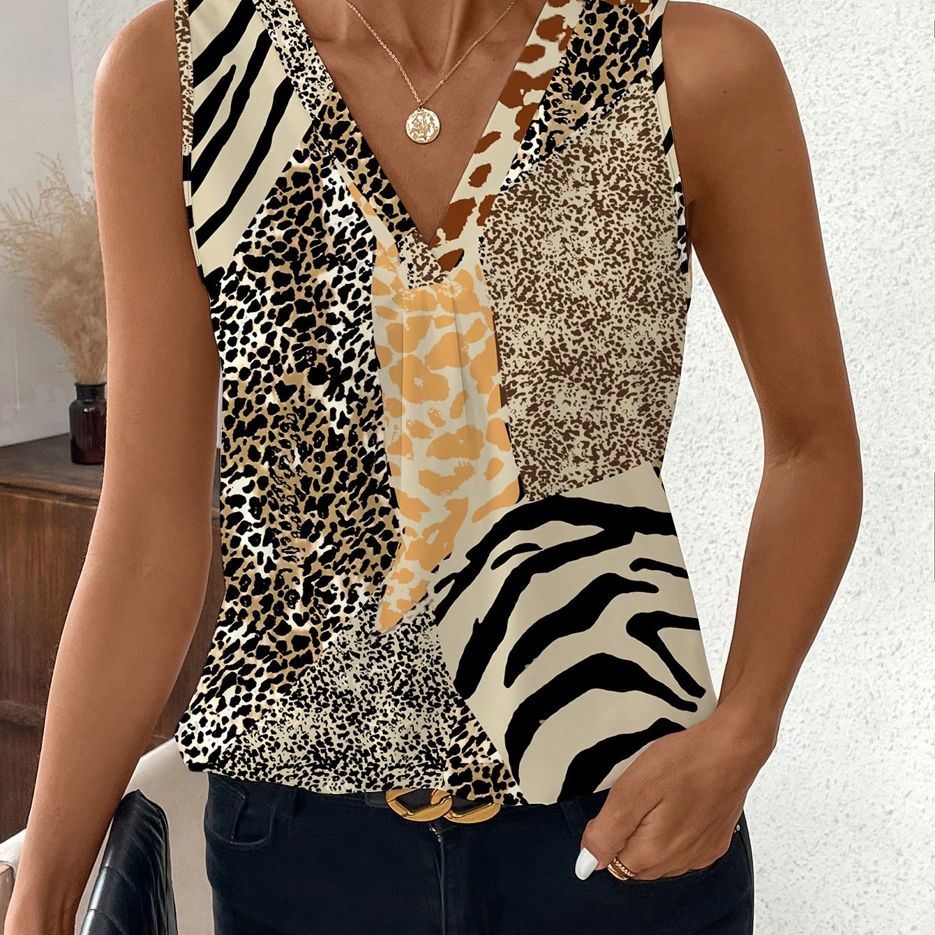 TEMU Casualowy Top z Dekoltem w Serek w Lamparcie Wzory, Idealny na