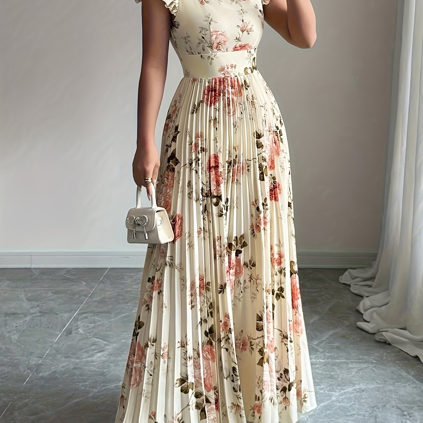 TEMU Elegancka damska sukienka letnia z długim fasonem, plisowana kołnierzem w kwiatowy wzór