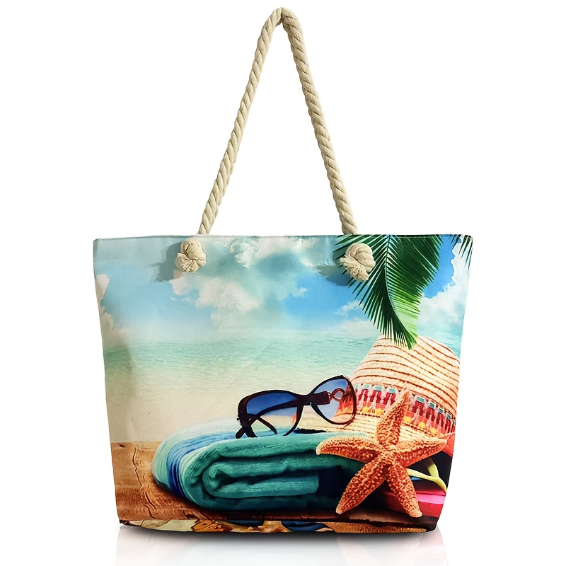 TEMU Damska torba plażowa w stylu kurortu nadmorskiego o dużej pojemności, nadruk z palmami i rozgwiazdami, wytrzymała, wysokiej jakości torba na