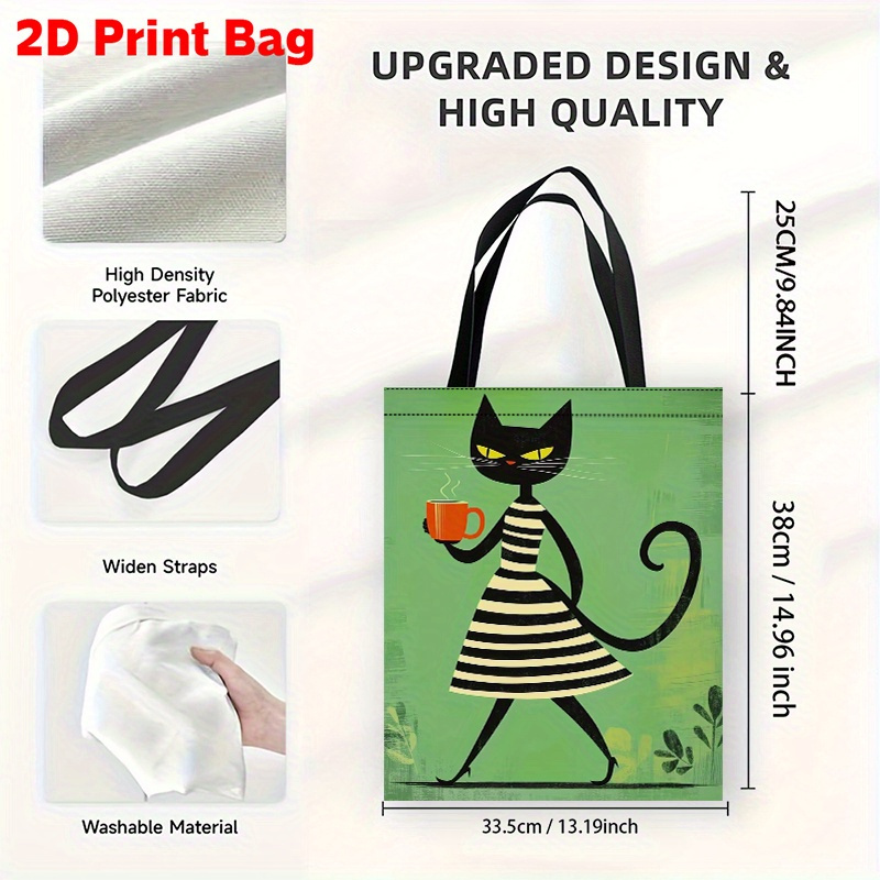 TEMU 1 szt. Damska Torba Tote z Kotem i Kawą - Zielono-Czarno-Biała w Paski z Nadrukiem Czarnego Kota, Duża Pojemność, Lekka Torba na Ramię, Otwarta,