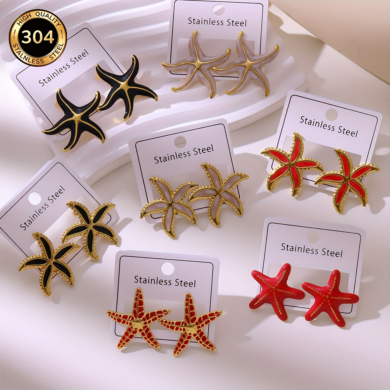 TEMU 3 pary kolczyków w stylu francuskim retro marine ze stali nierdzewnej z rozgwiazdami, design niche, lekki , łatwe w noszeniu, wszechstronne i