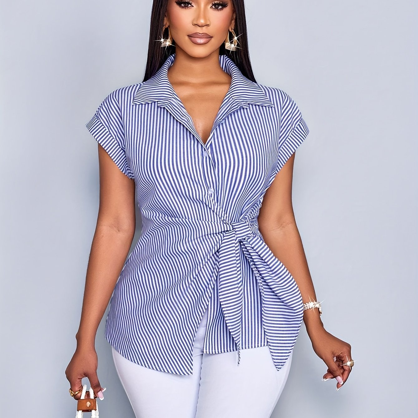 TEMU Elegancka Koszulka Damska w Paski z Krótkim Rękawem Kołnierzyk z Klapami, Sezon Letni, Sznurowany Pas, Modna