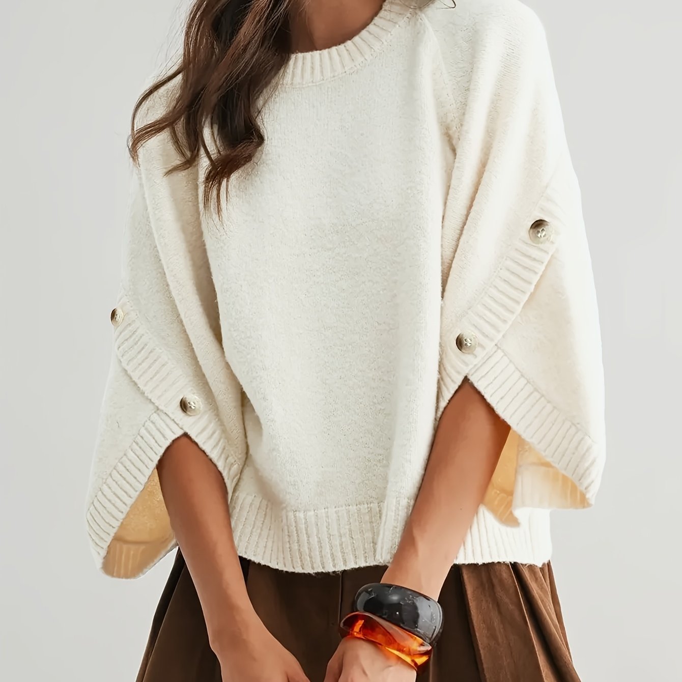 TEMU Elegancka damska bluzka z dzwonowymi rękawami w jednolitym kolorze, ozdobiona guzikami, idealna na swobodne i stylowe wyjścia [ZLLZ]