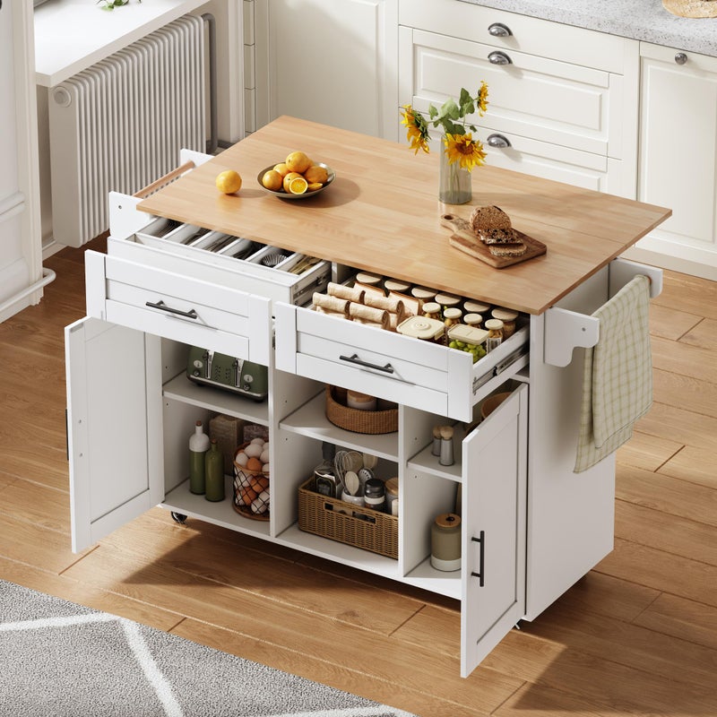 Mobilna wyspa kuchenna z 2 drzwiami, 2 szufladami i składanym blatem roboczym - 145 x 45/70 x 94,5 cm - Regulowane półki - MDF - Biały