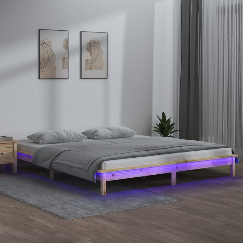 Łóżko Drewniane Brązowe Rama Łóżka Stelaż Do Pokoju Sypialni LED 140x200 cm