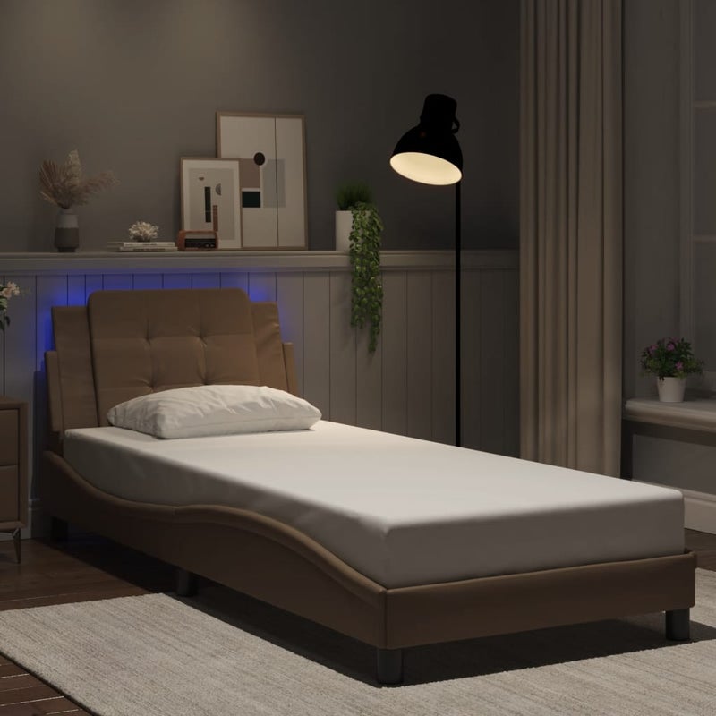 Łóżko tapicerowane rama łóżka ze stelażem brąz skóra led 80x200 cm