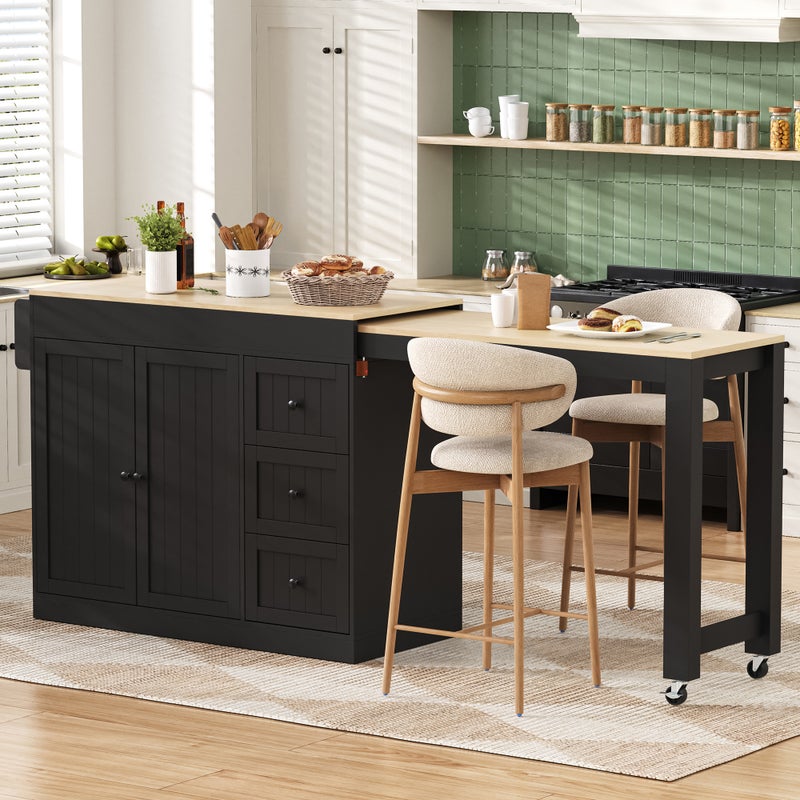 Wyspa kuchenna z rozkładanym stołem jadalnym - 2 drzwi i 3 szuflady - 130/186,8 x 45 x 93 cm - MDF - Czarny