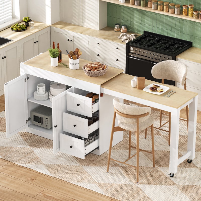 Wyspa kuchenna z rozkładanym stołem jadalnym - 2 drzwi i 3 szuflady - 130/186,8 x 45 x 93 cm - MDF - biała