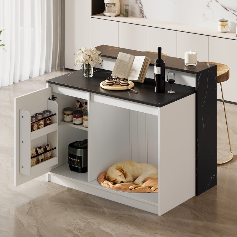 Wyspa kuchenna z blatem barowym i miejscem do odpoczynku zwierząt - 120 x 80 x 100 cm - Imitacja marmuru - MDF, melamina - Biały i czarny