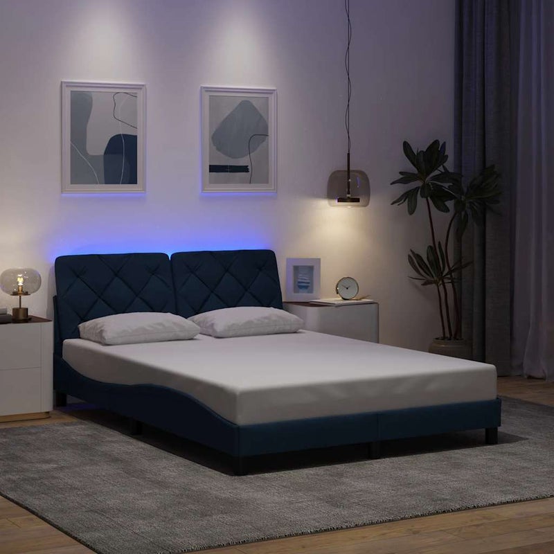 Łóżko Tapicerowane Niebieska Tkanina Rama Łóżka Ze Stelażem LED 120x200 cm