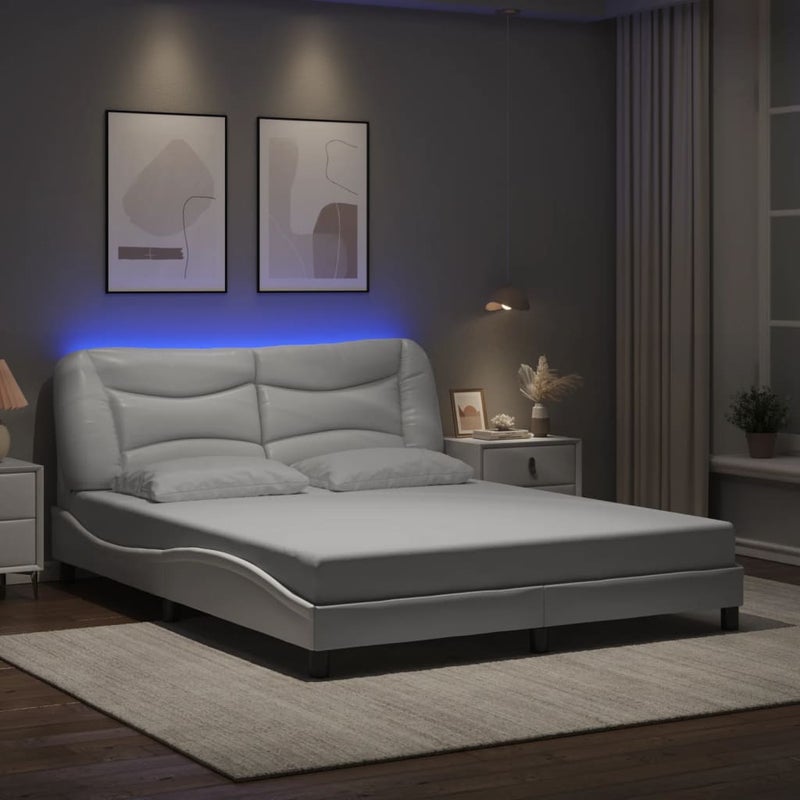 Łóżko tapicerowane rama łóżka ze stelażem białe skóra led 160x200 cm