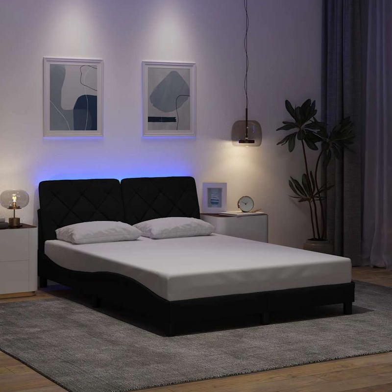 Łóżko Tapicerowane Czarne Rama Łóżka Ze Stelażem LED 140x190 cm