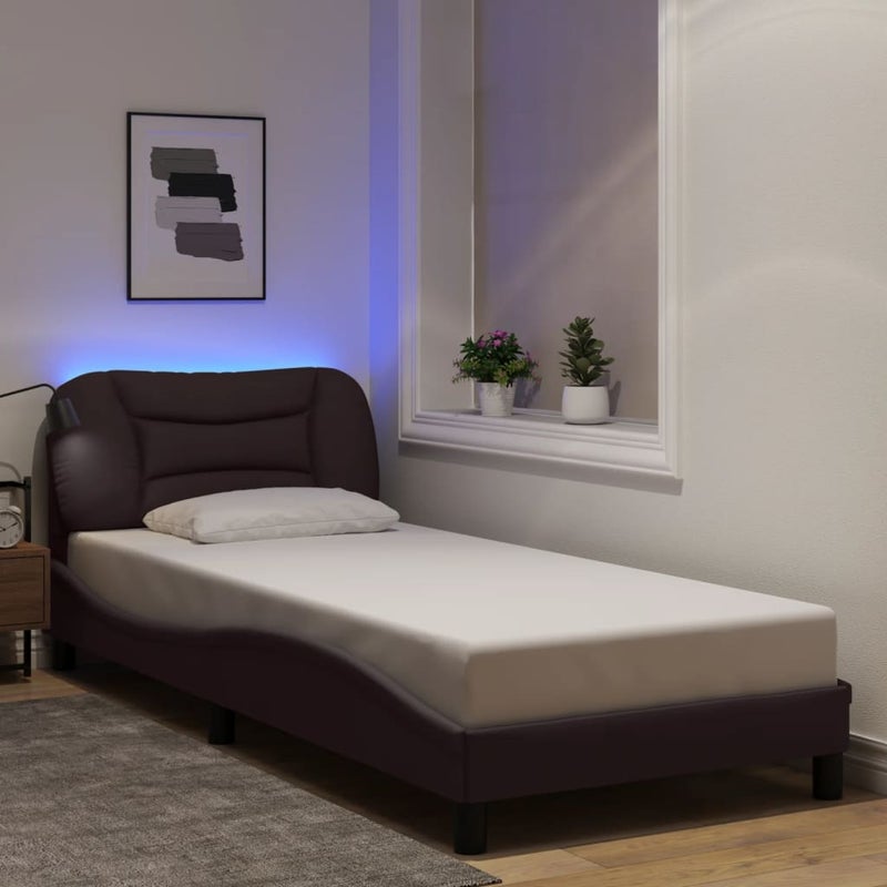 Łóżko Tapicerowane Brązowa Tkanina Rama Łóżka Ze Stelażem LED 90x200 cm