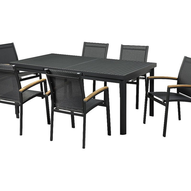 Jadalnia ogrodowa z aluminium: rozkładany stół o długości 180/240 cm i 6 sztaplowanych foteli – kolor antracytowy - NAURU