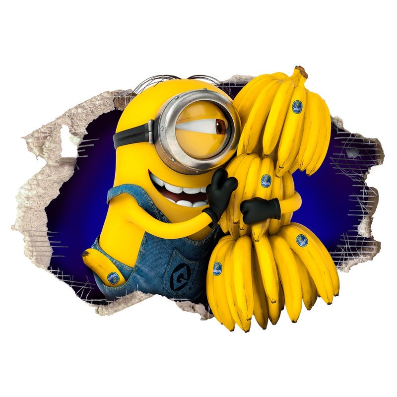 MINIONKI Z BANANAMI - Naklejka ścienna 3D - Naklejka ścienna do pokoju dziecięcego o wymiarach 145x100 cm.